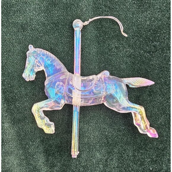 Vintage Iridescent & Clear Carousel Horse Christmas Holiday Ornaments Set Of 2 - Picture 5 of 11
